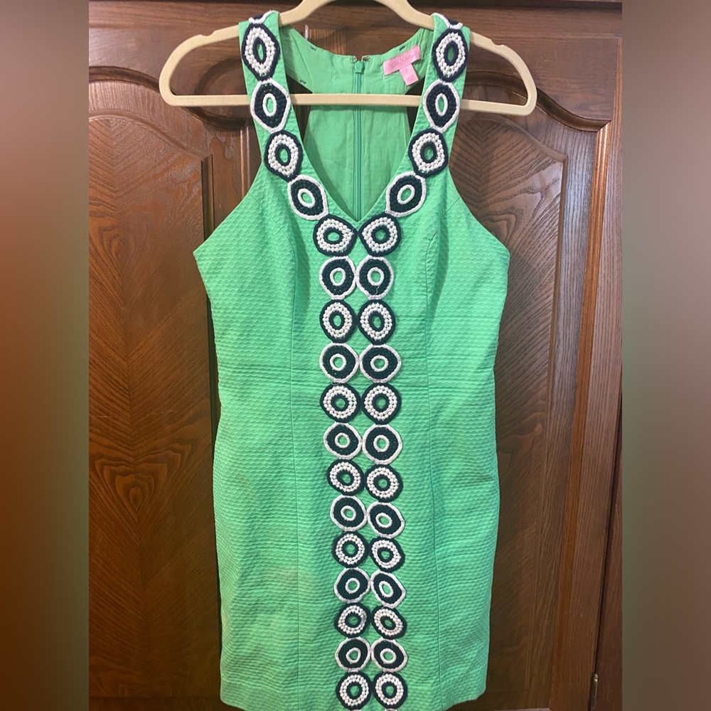 Lilly Pulitzer Green Mini Dress with Navy & White Embellished Trim